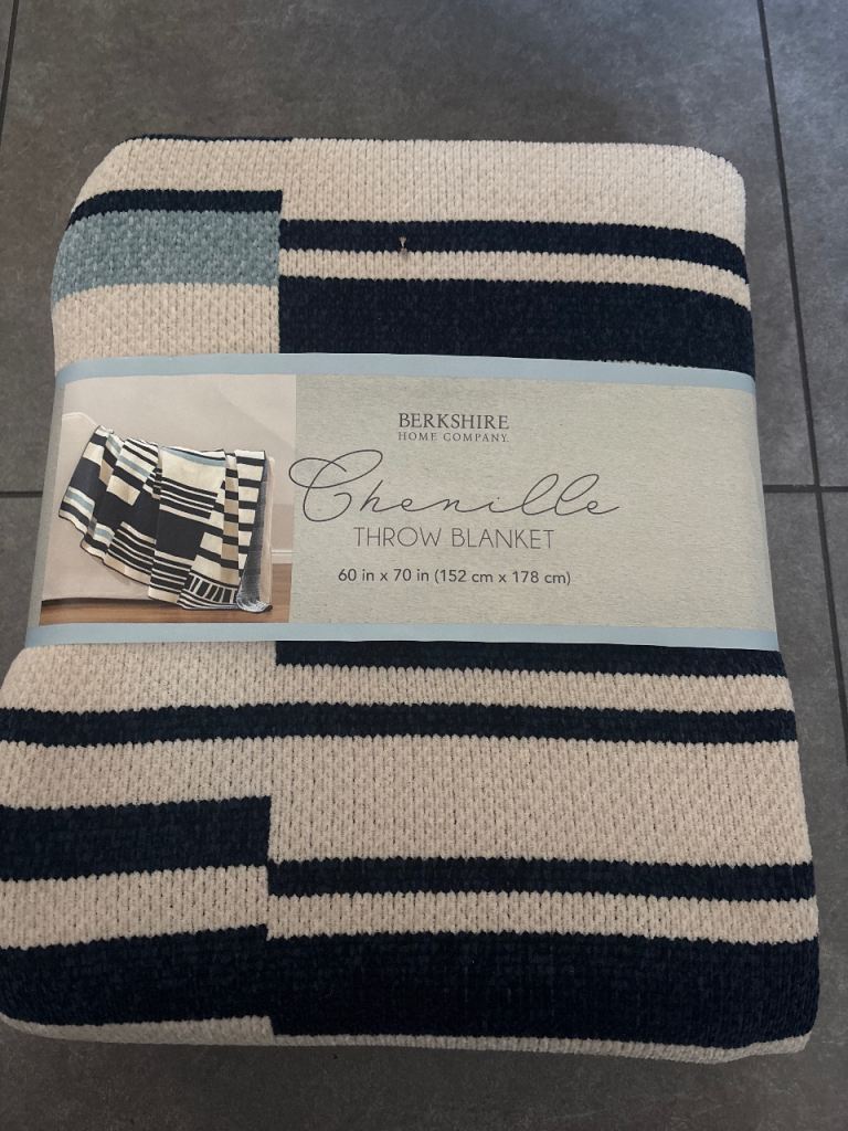 New Berkshire Home Company Chenille Throw Blanket - Navy & Cream Stripes