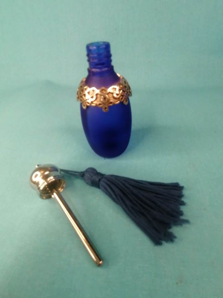 Vintage sBlue Glass Perfume Bottle with Metal Detail.  Bottle Scent Bottle lovely gift.