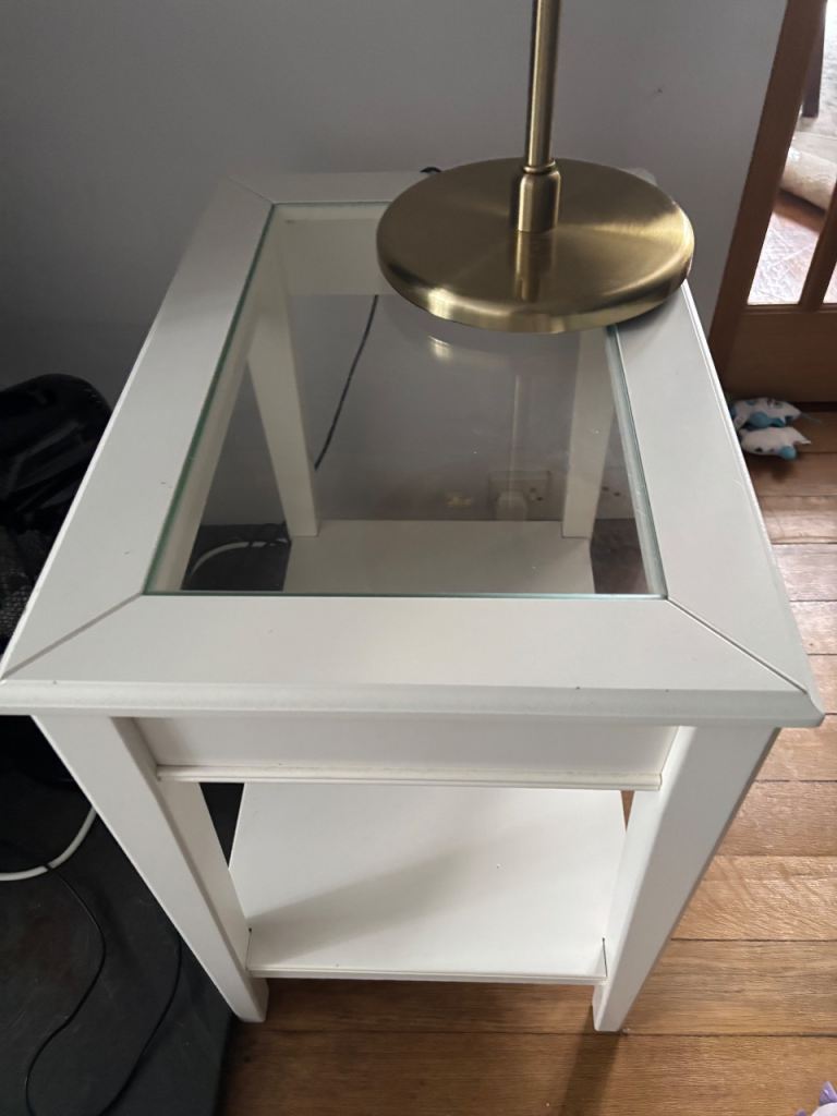 White Wooden Side Table with Glass Top – Good Condition