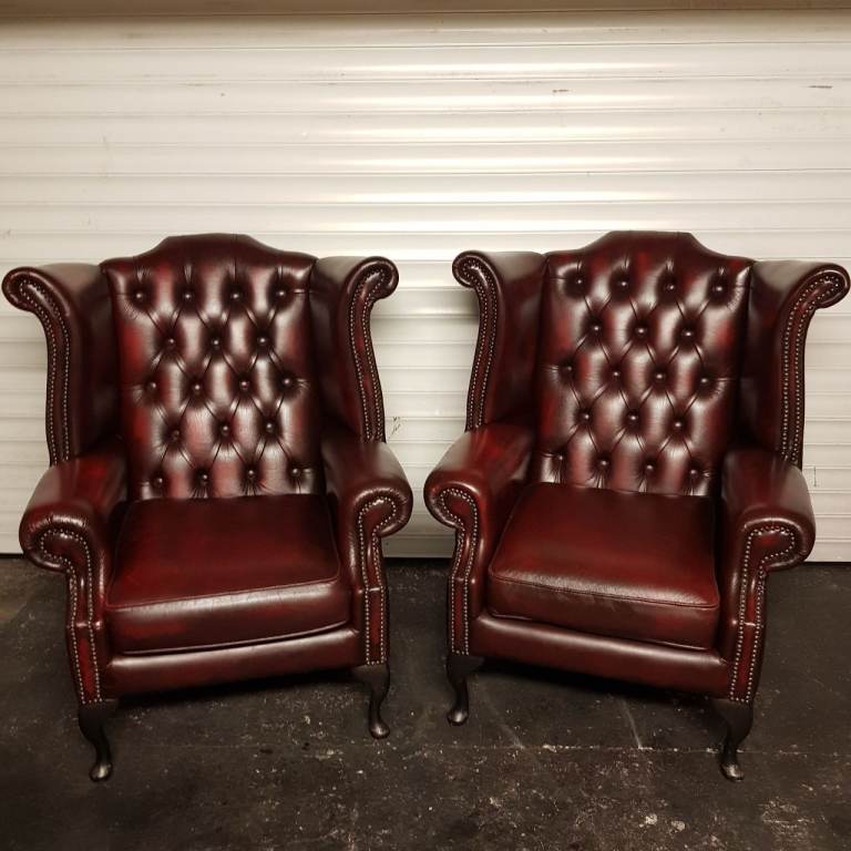 MATCHING PAIR Oxblood Leather Chesterfield QUEEN ANNE Winged Back Chairs - FAB 2