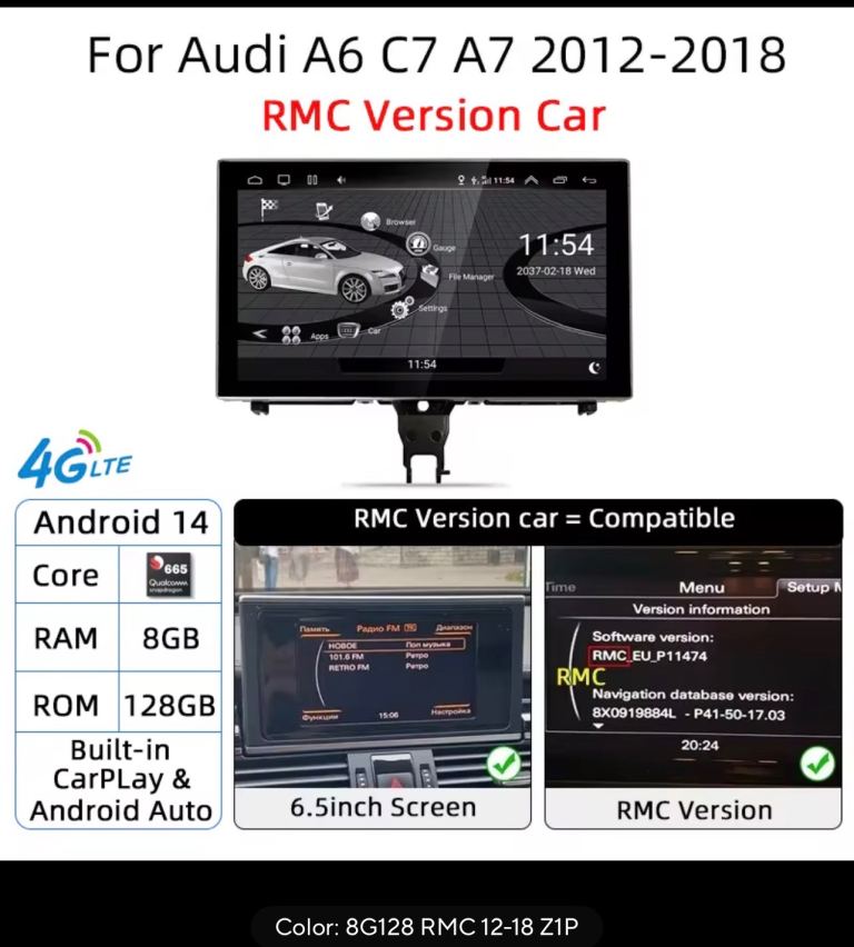 Android 14 Auto Radio Wireless Carplay Touch Screen For Audi A6 C7 A7 2012-2018Car Multimedia Player