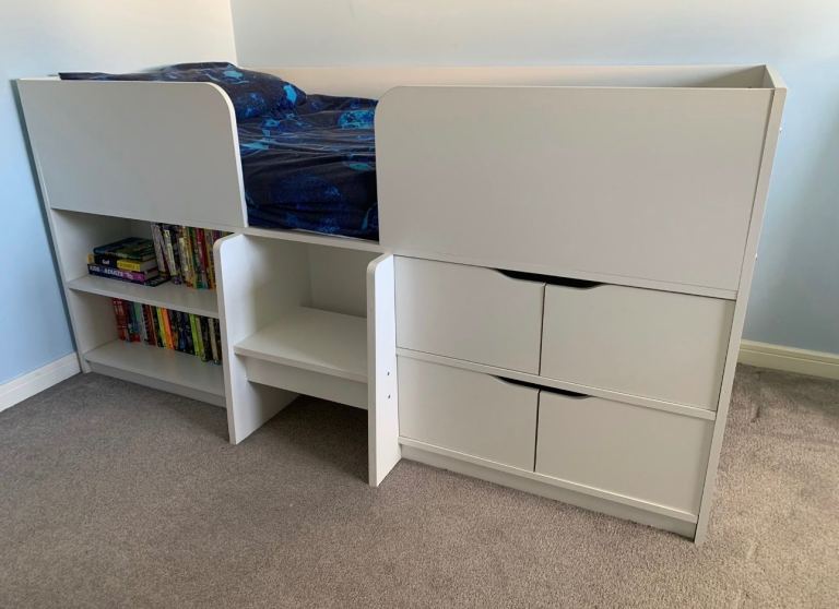 White Mid Sleeper Bed with Storage and Shelves – Good Condition