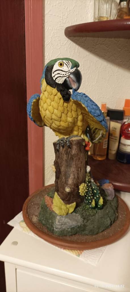 Hand Finished Resin Mix Blue/Yellow Large Parrot Ornament on real terracotta ceramic heavy base