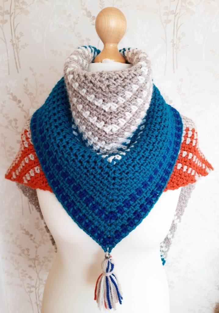 Handmade Warm Shawl for Winter. Striped Knitted Shoulder Wrap. Boho Chunky Crochet Accessory Tassels