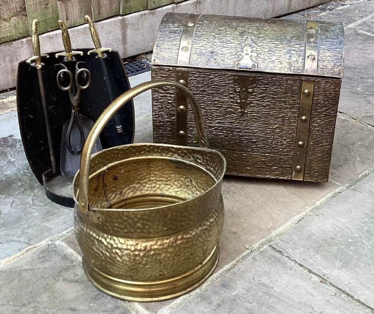 Log / Coal fire accessories - bucket, companion, lidded storage box