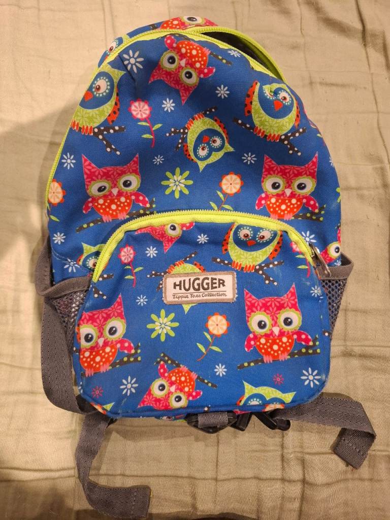 HUGGER Kids Toddler Owl Backpack - Blue Nylon Bag, Good Condition