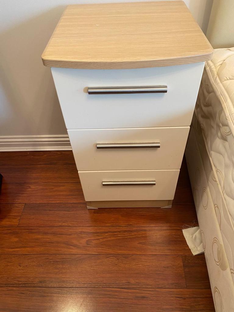 White Bedside Table with 3 Drawers and Wood Top x2