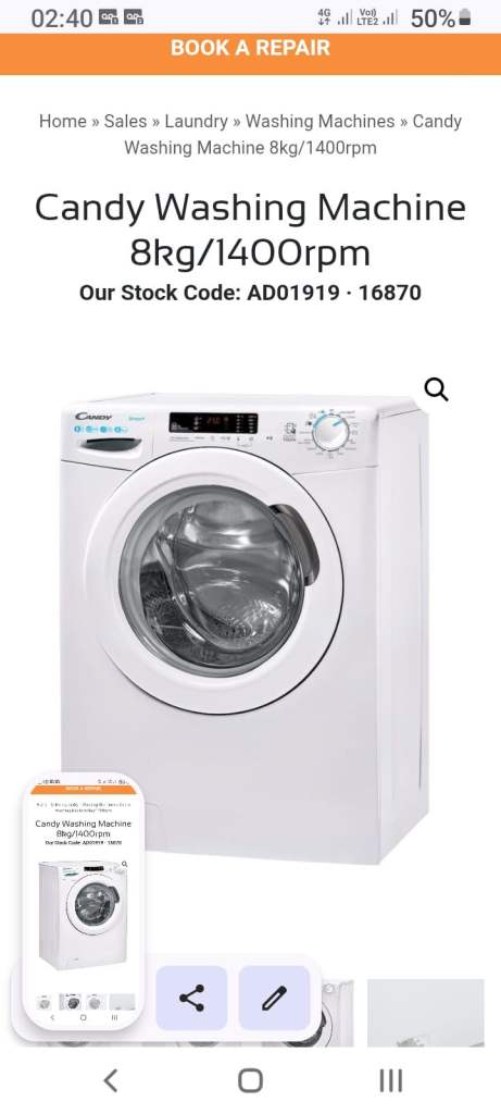 Candy Smart 8kg 1400rpm Washing Machine – White, Good Condition