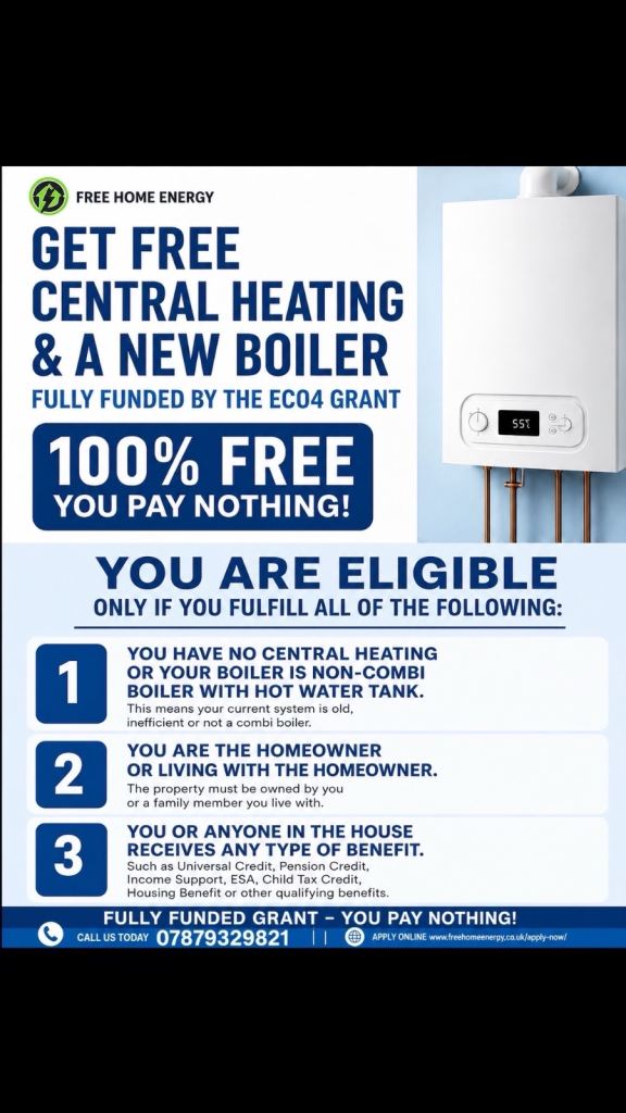 Fully Funded Free Boiler, Storage heater and air source heat pump, solar panels (UK Eco4 grant)