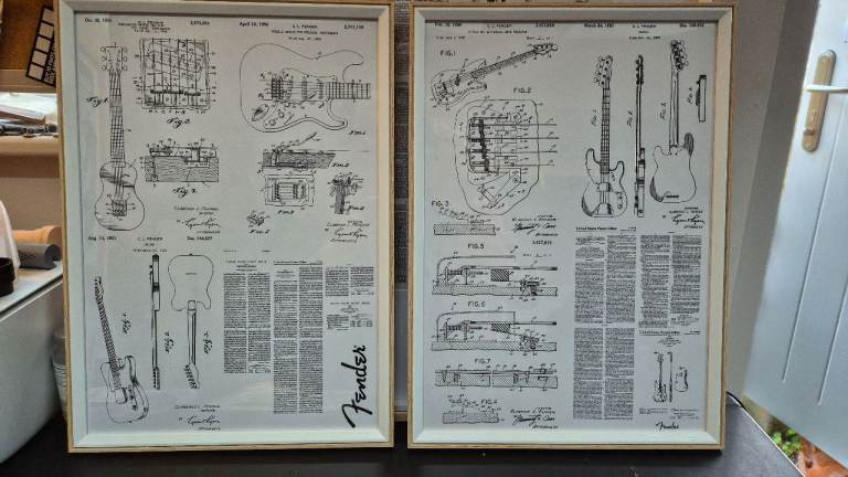 Fender Stratocaster, Telecaster & Precision Bass Patent Posters Framed