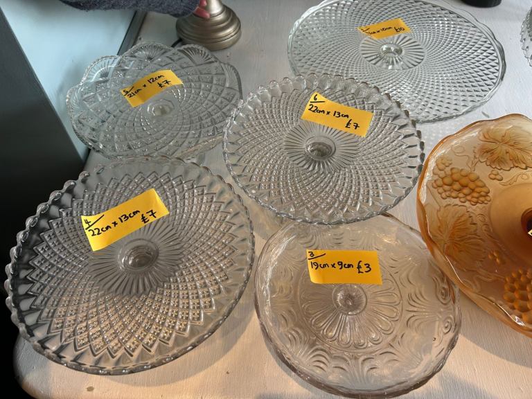 Glass cake stands, various sizes.