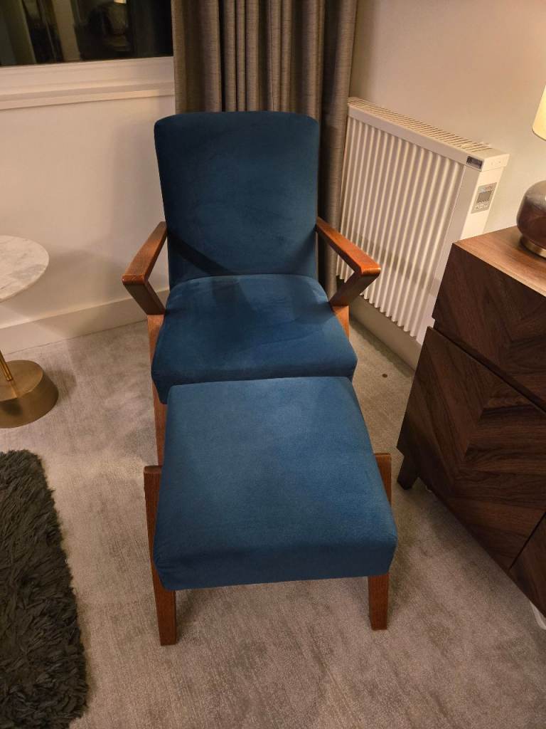 Gherzel Design Blue Armchair with Footstool – Good Condition