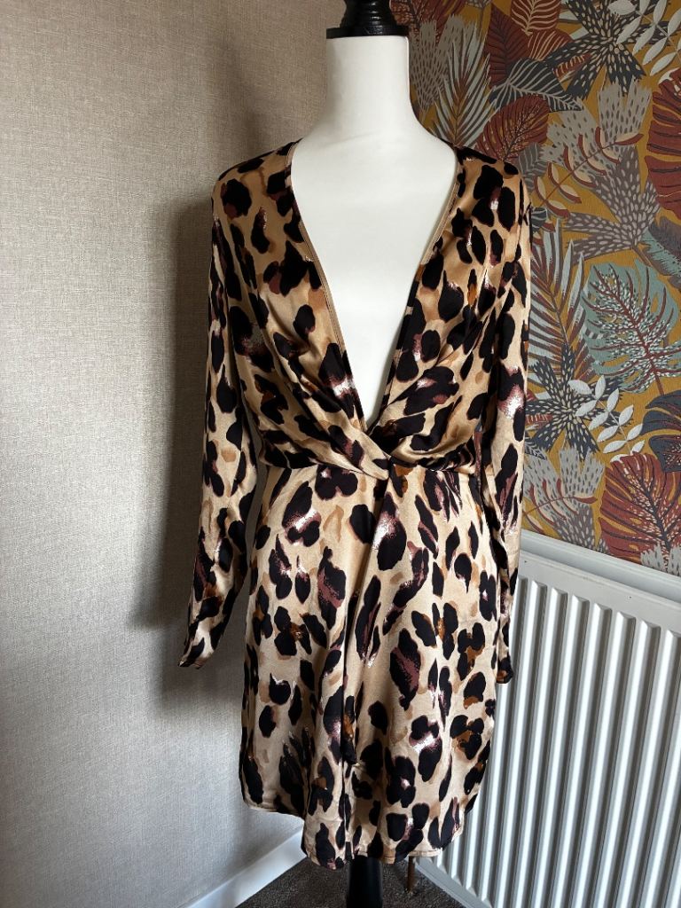 Missguided Leopard Print Satin Mini Dress - Size 10
