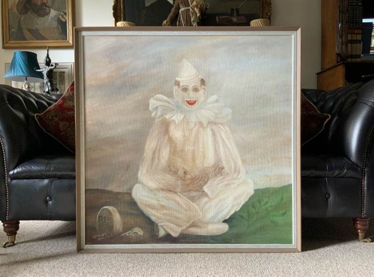 Large Circus Clown Portrait Painting Original Vintage 20th-Century