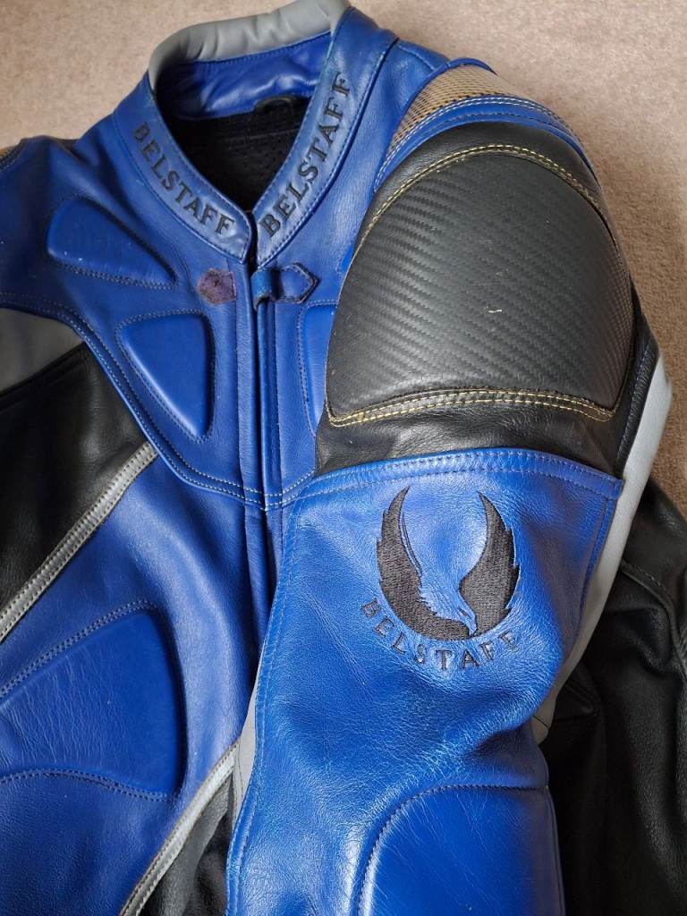 Belstaff Mens 1 Piece Motorcycle Leather Suit - Blue/Black