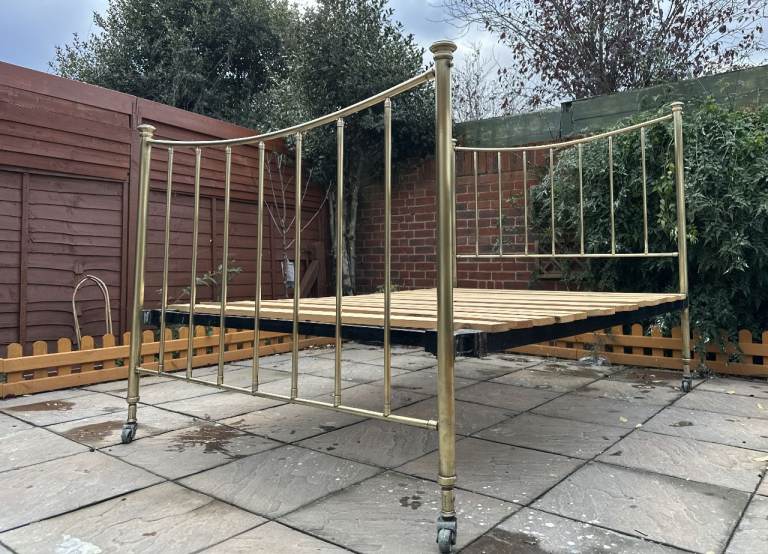 Solid Brass & Cast Iron Art Deco Style Double Bed Frame with St Thomas Hospital Castors