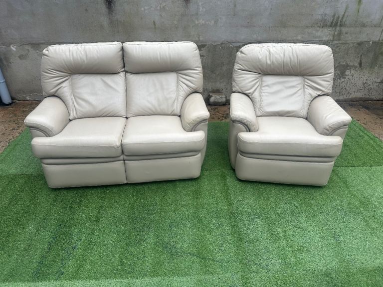 Beige leather 2 seater sofa & armchair 