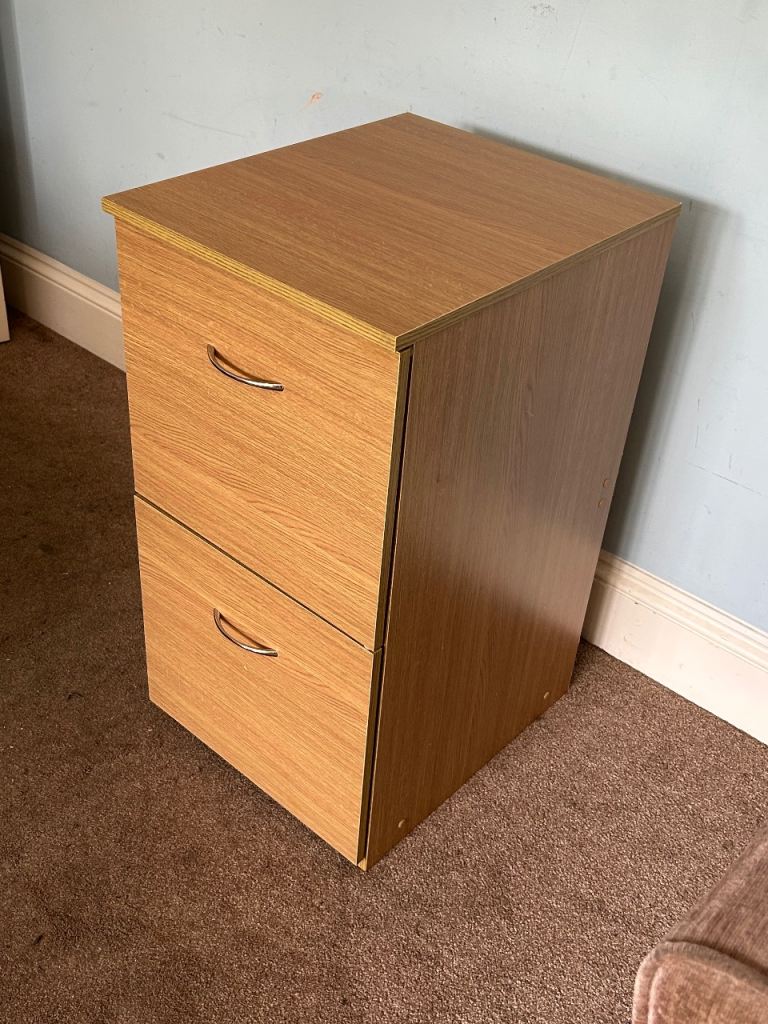 Beech Effect 2 Drawer Filing Cabinet curved handles H30in/75cm W16in/41cm D19in/48cm  D060