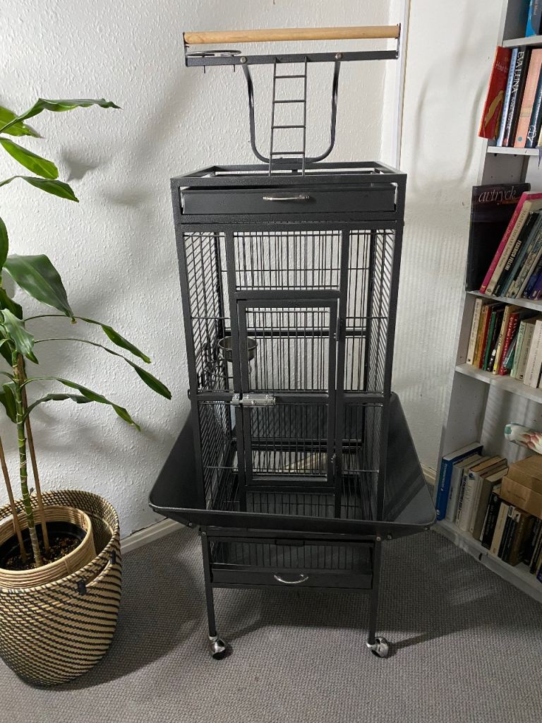 Rolling Metal Bird / Parrot Cage with Playtop - Black