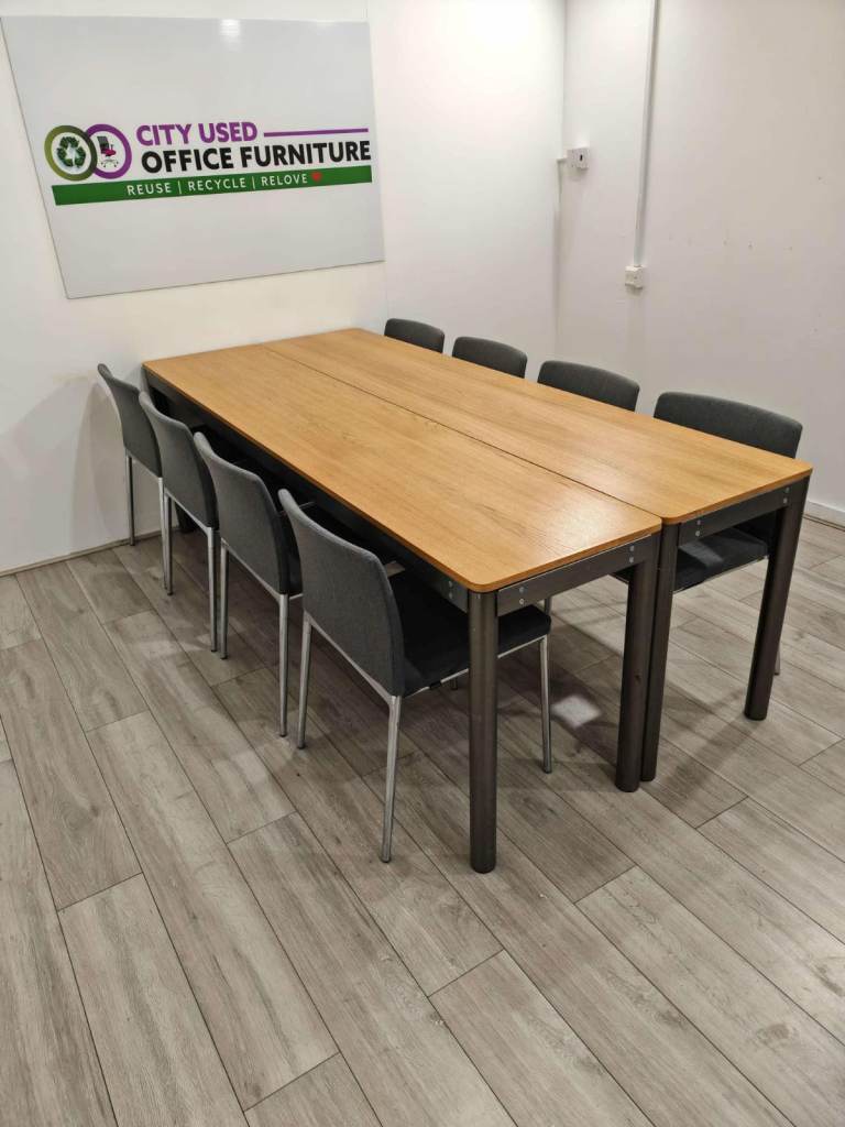 8-Person Boardroom Table, Oak 2-Piece Top, Gun Metal Frame – Used, Good Condition