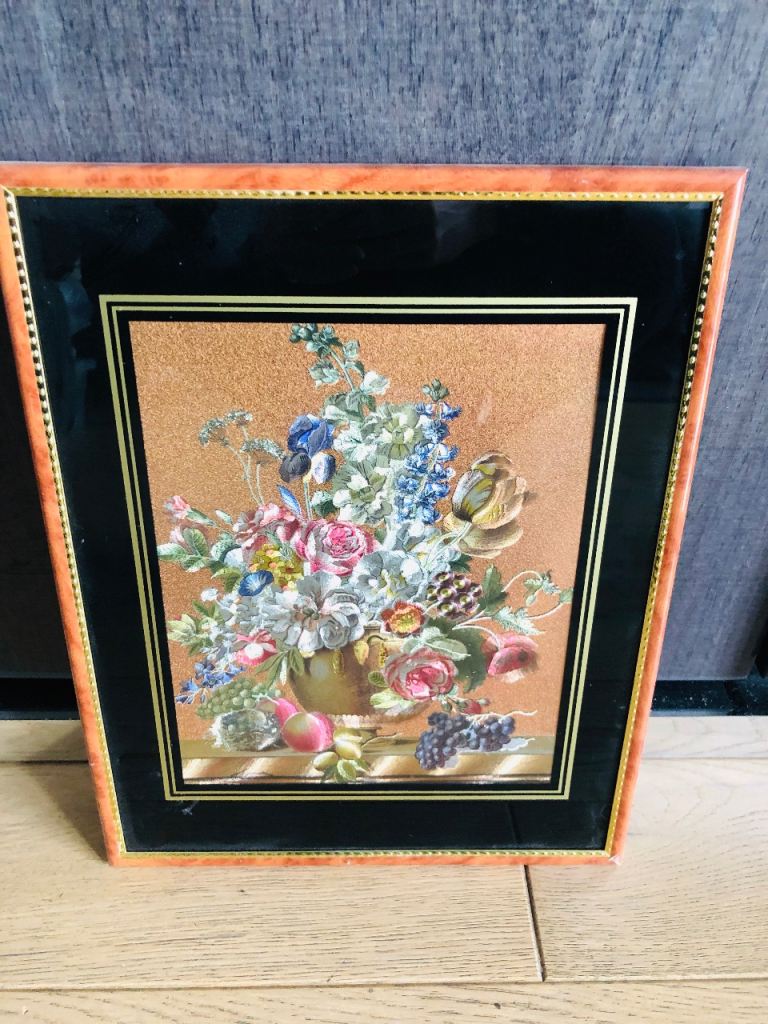 Vintage Framed Gold Floral Still Life Print – Decorative Frame