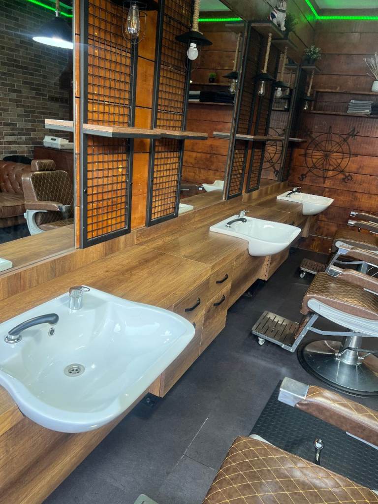 Full set of three Barber stations with basins and three chairs for sale
