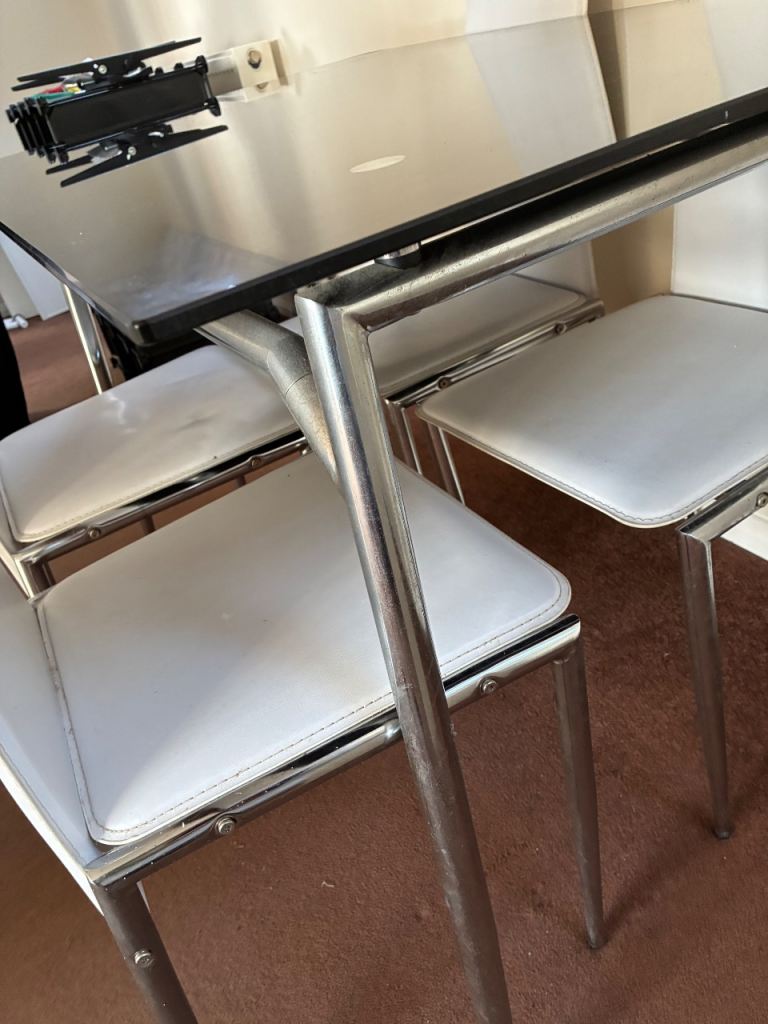 Dining Table and 4 Chairs – Chrome and White, Good Condition
