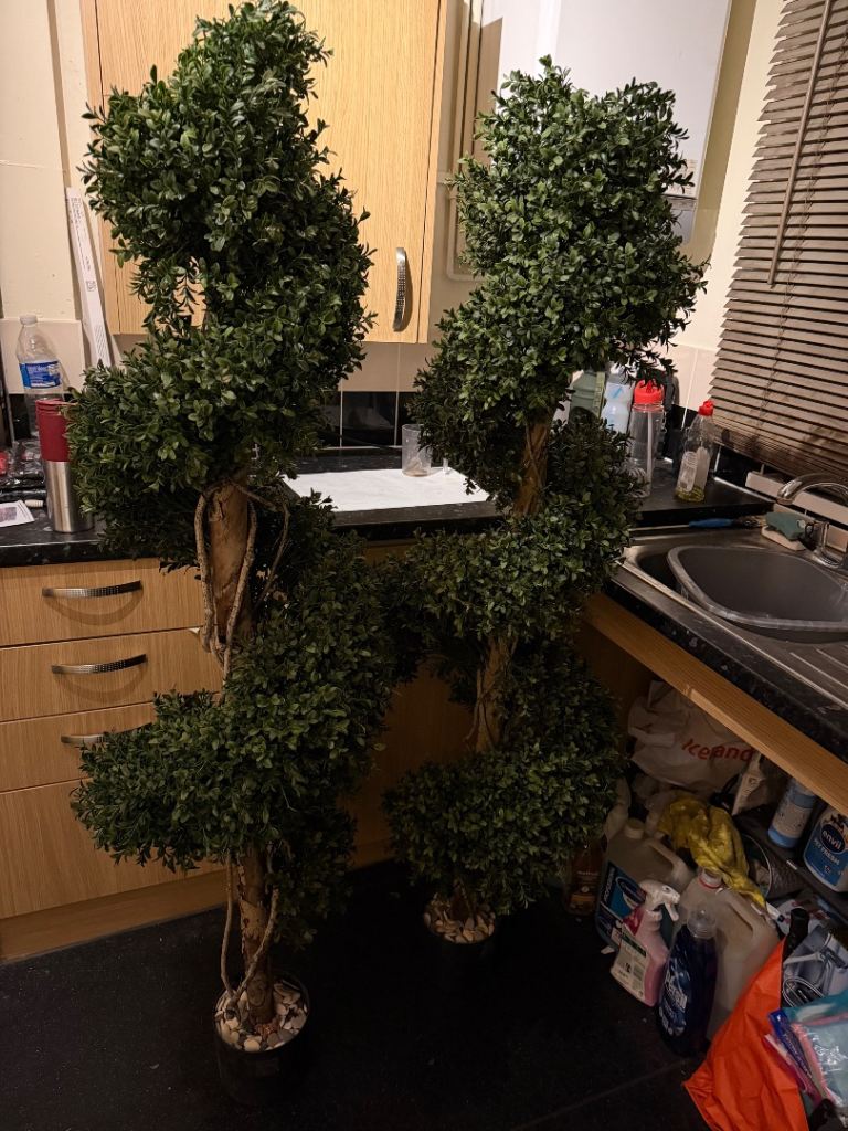 Pair of Artificial Topiary Trees – Green, Good Condition