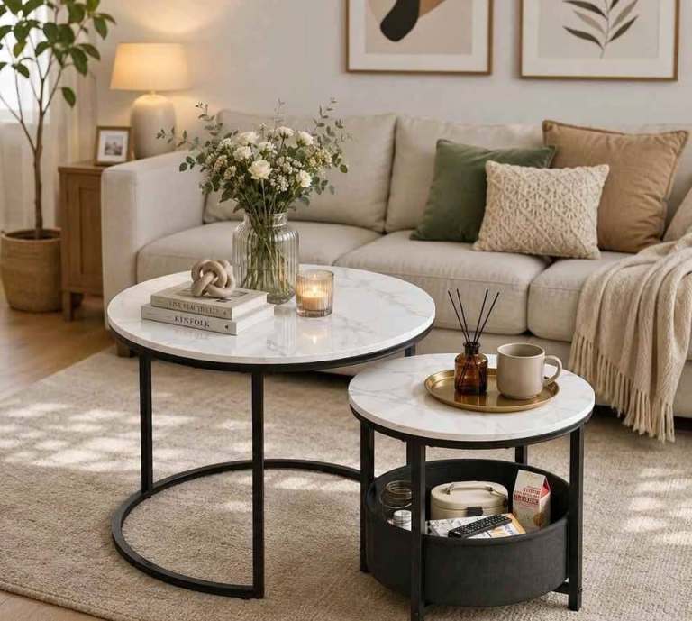New 2 x Nesting Coffee Tables  White Marble Effect Tops
