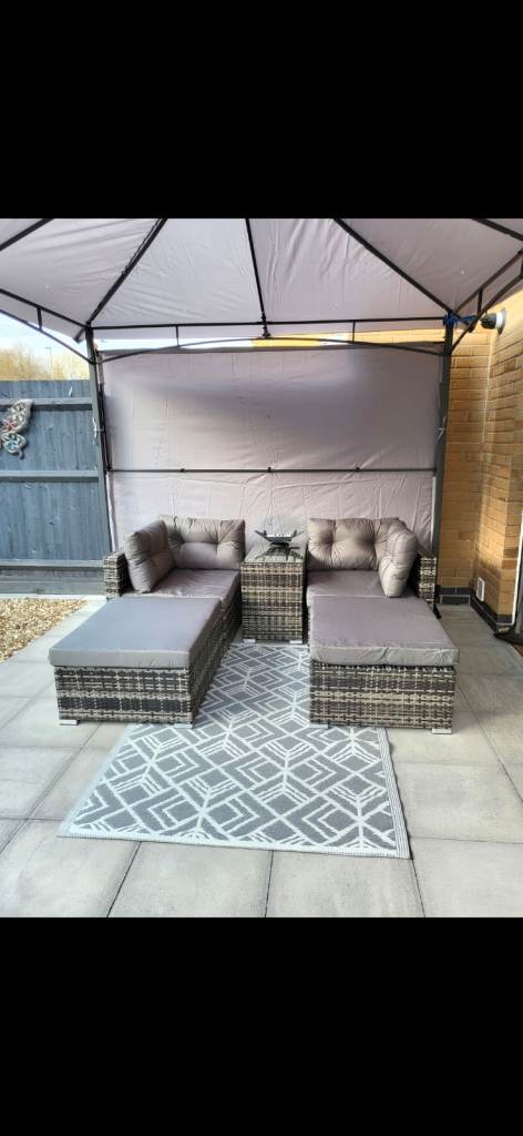 Rattan Garden Patio Furniture Set with Cushions – Grey and Stackable for easy storage.