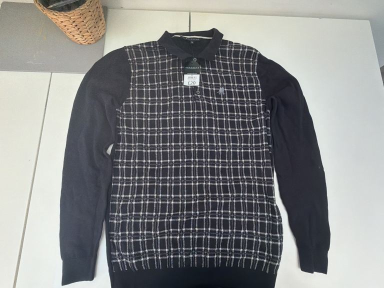 Peacocks Men's Black Checked Jumper - Size M, Brand New with Tags