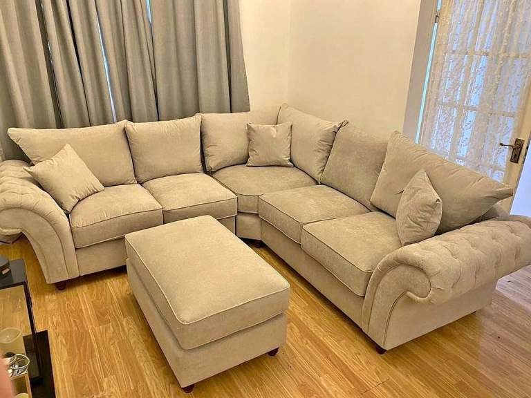 NEW Large Beige Fabric Corner Sofa & Matching Footstool