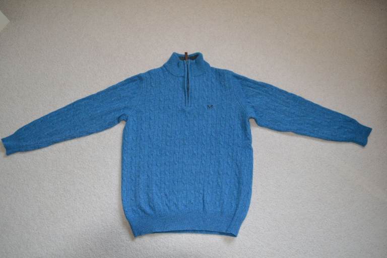 Crew Clothing Blue Lambswool Cable 1/2 Half Zip Jumper - Medium