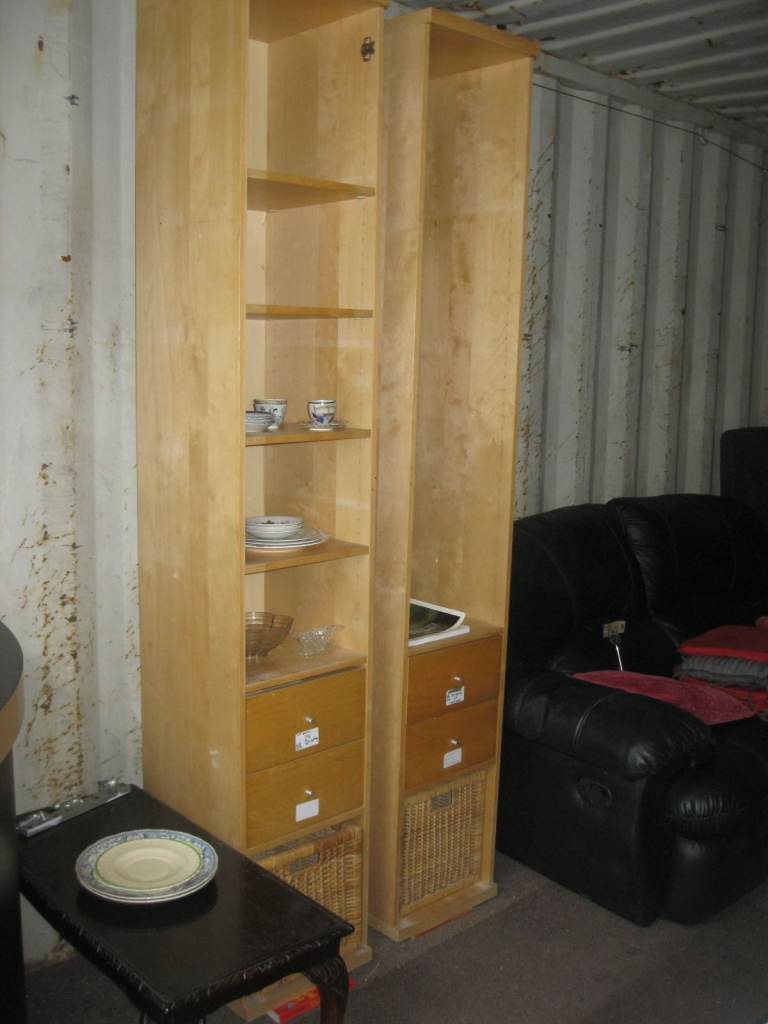 TALL SLIM DISPLAY SHELVING / BOOKCASE. 5 TIERS, TWIN DRAWERS & LOWER BASKET. 2 AVAILABLE