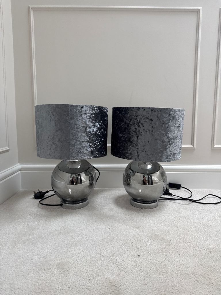 Pair of Grey Velvet and Chrome Table Lamps – Good Condition