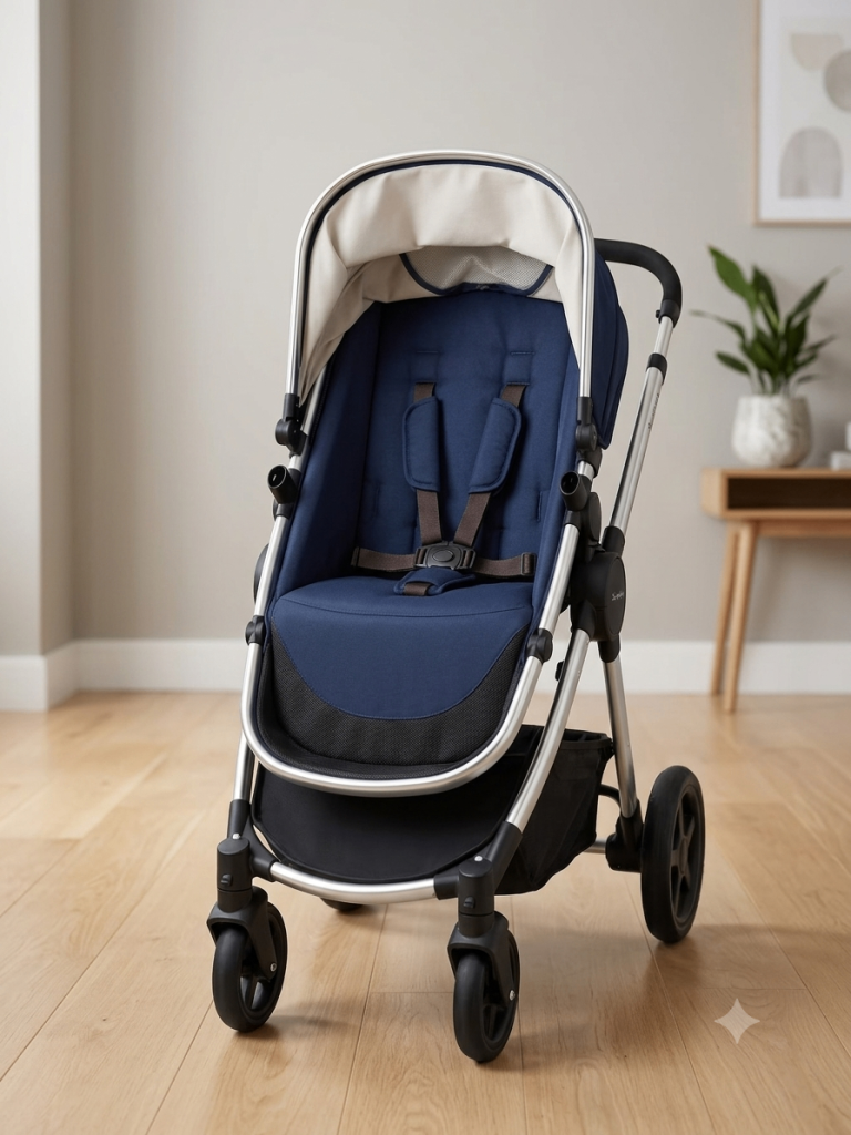 Navy Blue Baby Stroller / Pushchair with Chrome Frame