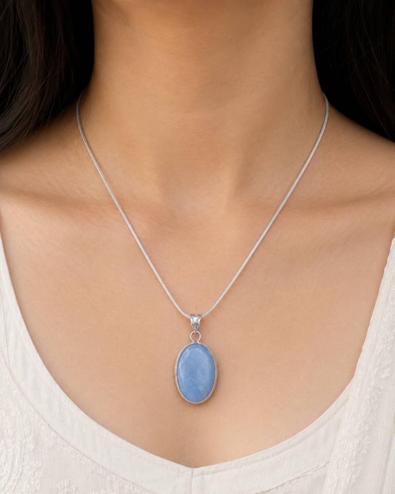 Blue Angelite Pendant with Chain – Lab Certified Natural Healing Crystal Necklace