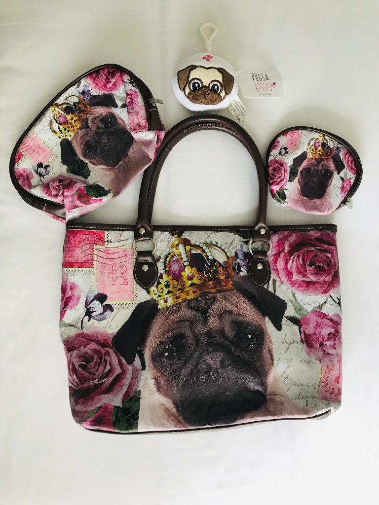 Pug Handbag with matching Cosmetics Bag and Small Bag plus Pugs & Kisses Keyring