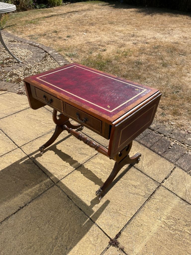 VINTAGE DROP LEAF TABLE & 2 DRAWERS LARGE BEVAN FUNNELL BURGUNDY FAUX LEATHER TOP