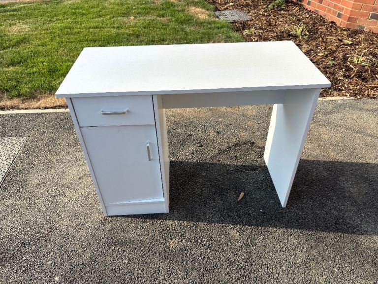 White Study Desk with Drawer and Cupboard – Good Condition