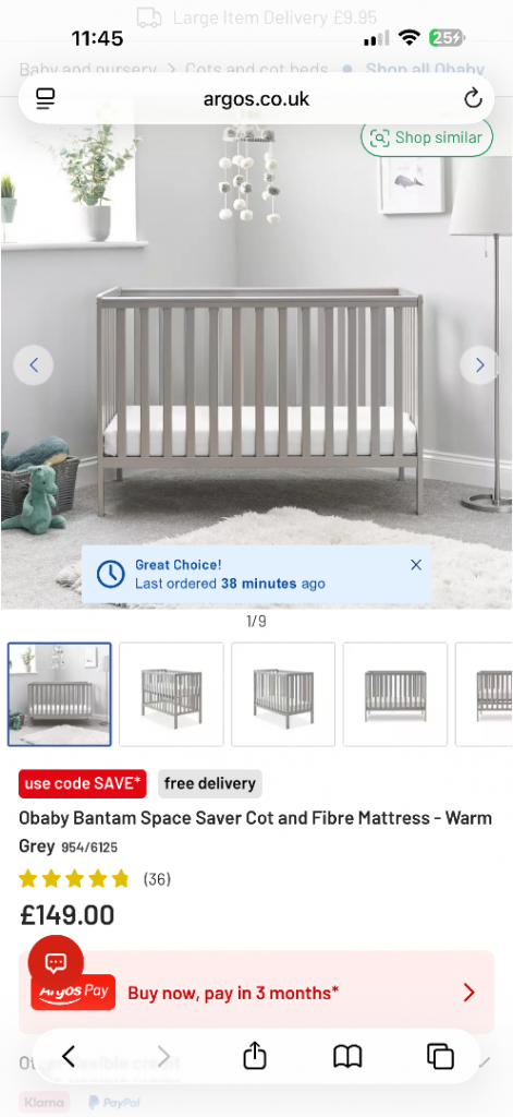 Obaby space saver cot (no mattress) 