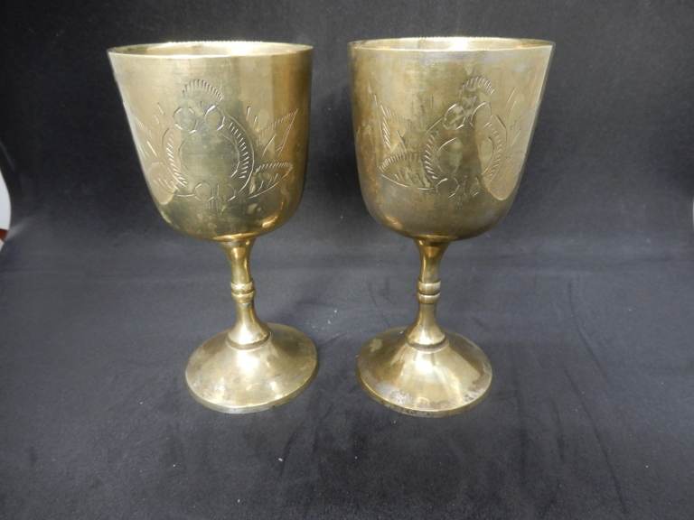 Set of 2 brass or silver plated engraved brass goblets 