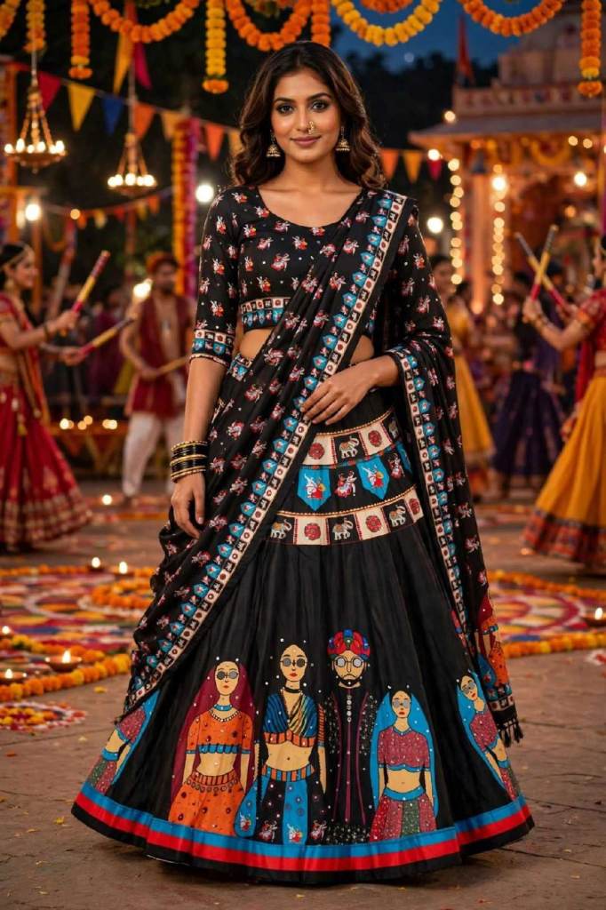 Black folk art lehenga choli dupatta set — festival / Navratri