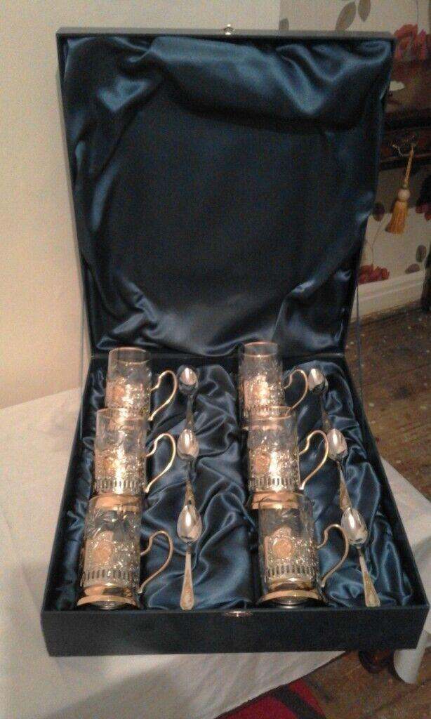Gift set - 6 russian filigree glass holders and glasses, highly ornate with 6 teaspoons. Collectible