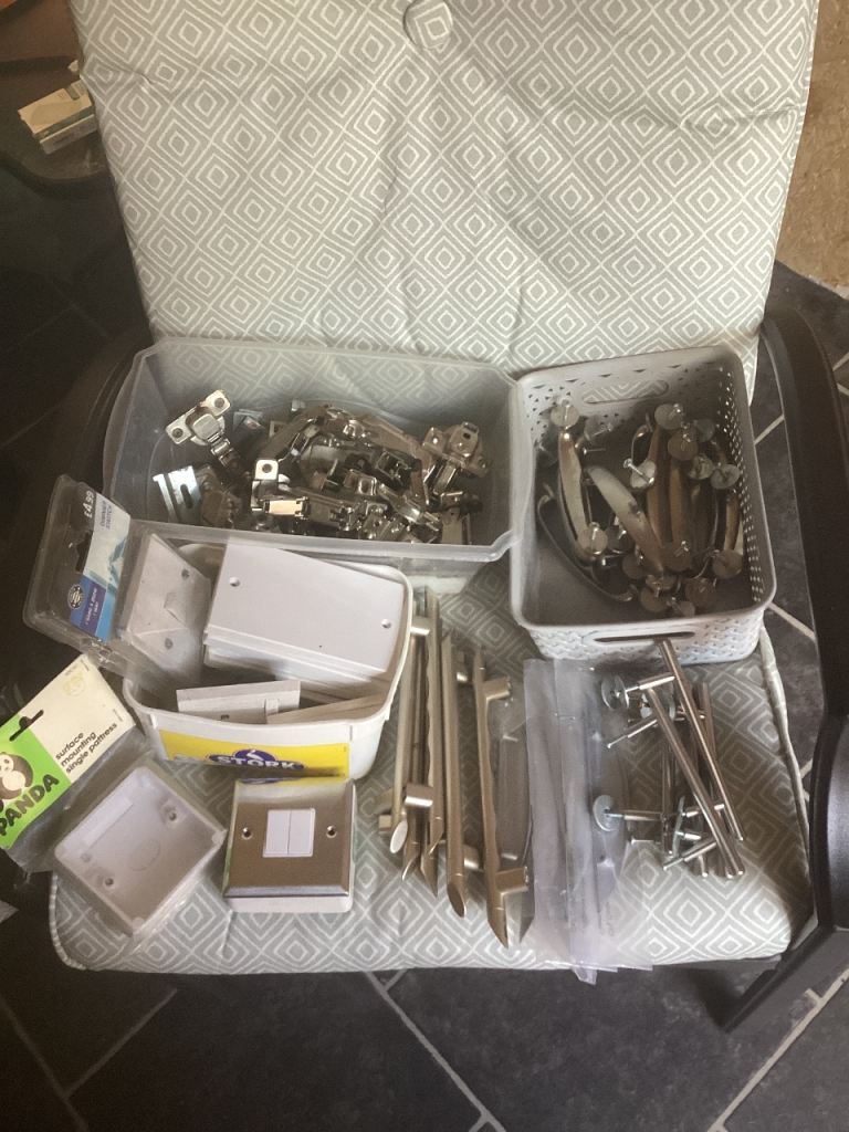 Lge qty of door hinges , handles and blank plates 