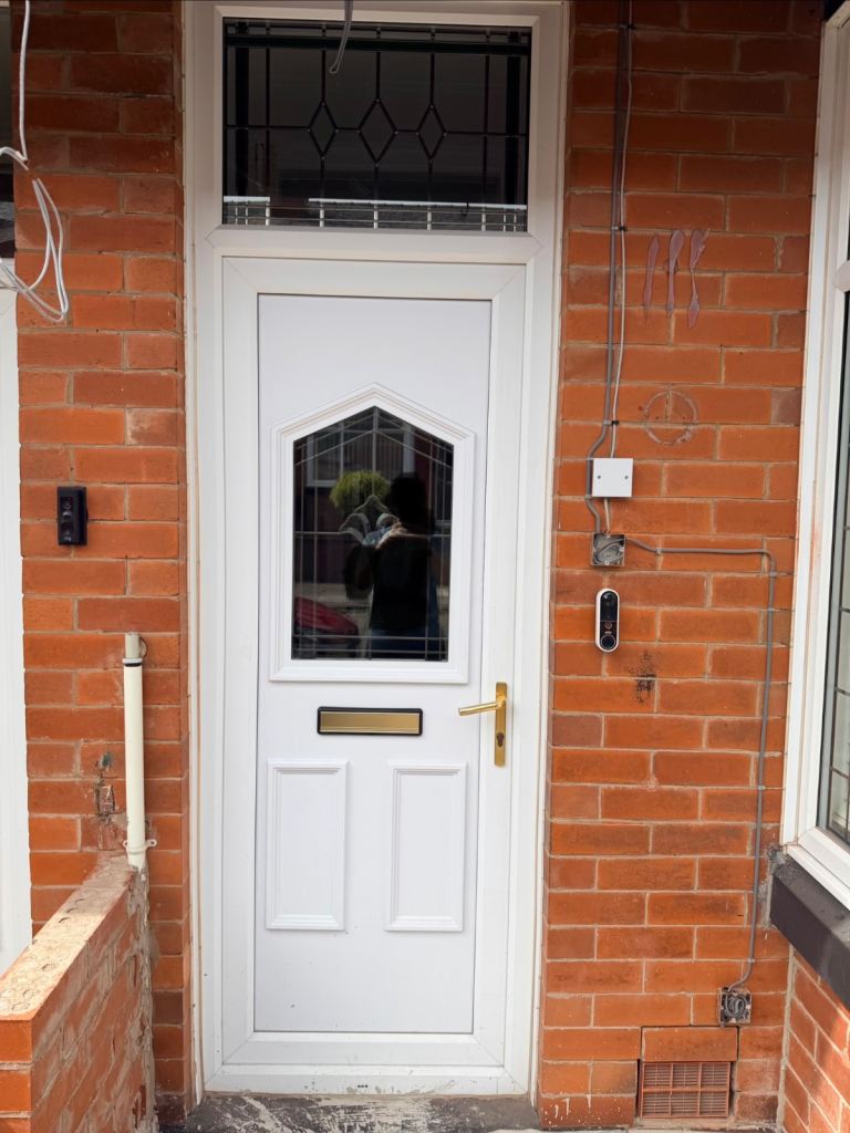 White uPVC Front Door with Green Stained Glass
