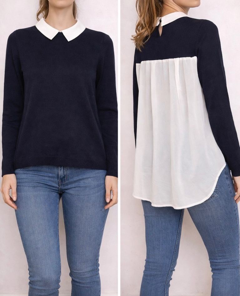 Navy Collared Blouse with Chiffon Back Panel - Lightweight Knit - Size 12-14