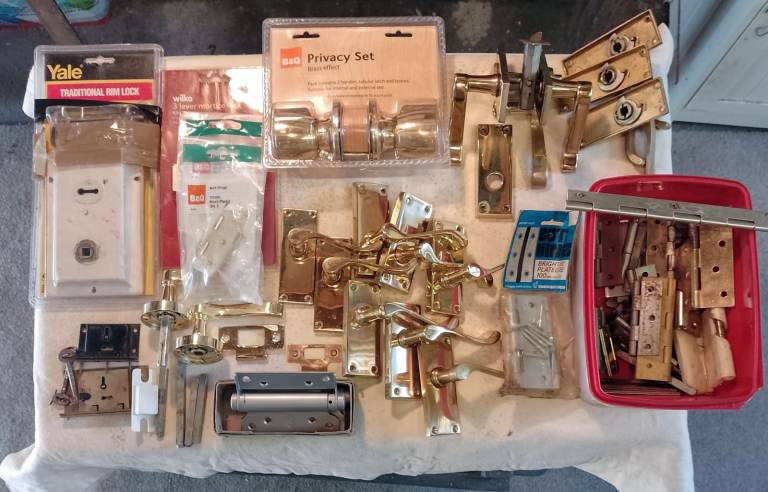 Assortment of Door Handles, Locks and Hinges. 