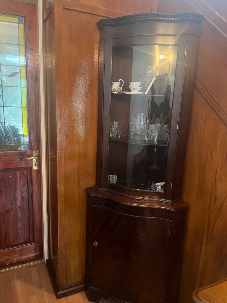 Dark Wood Corner Display Cabinet with  Glass Door