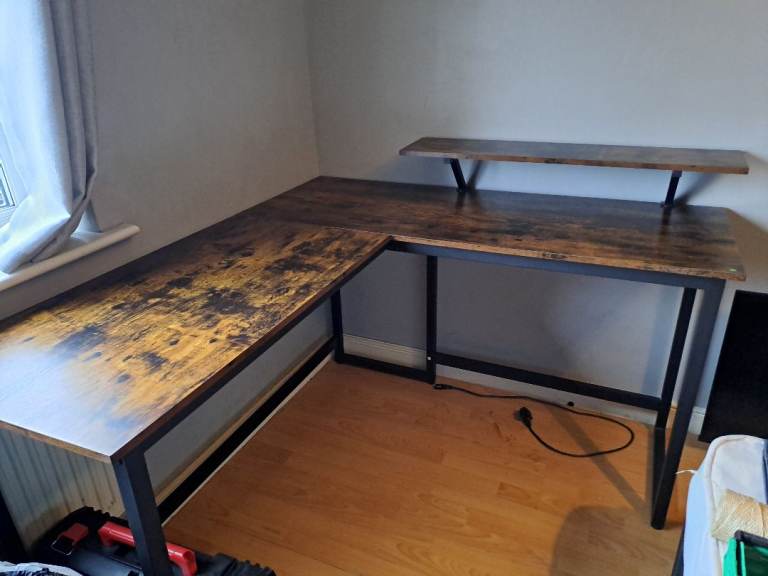 L-Shaped Corner Desk with Monitor Stand – Wood and Metal